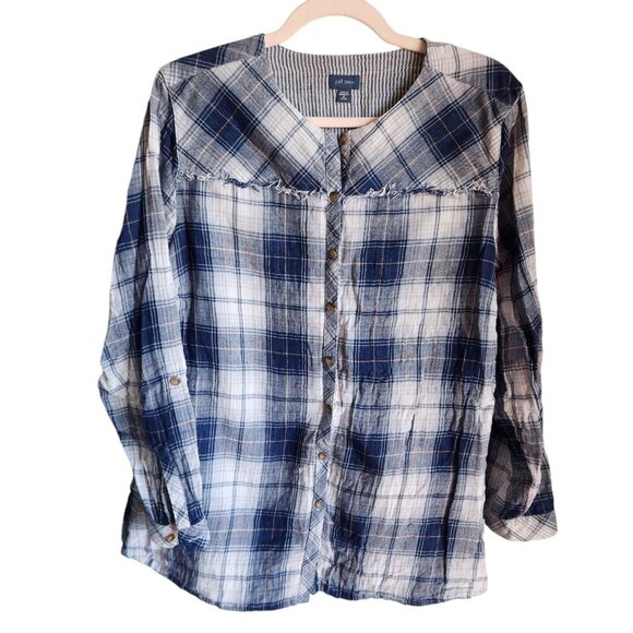 J. Jill Tops - J Jill Shirt XL Women's Blue Long Sleeve Button Front Plaid Gauze Fringe Top